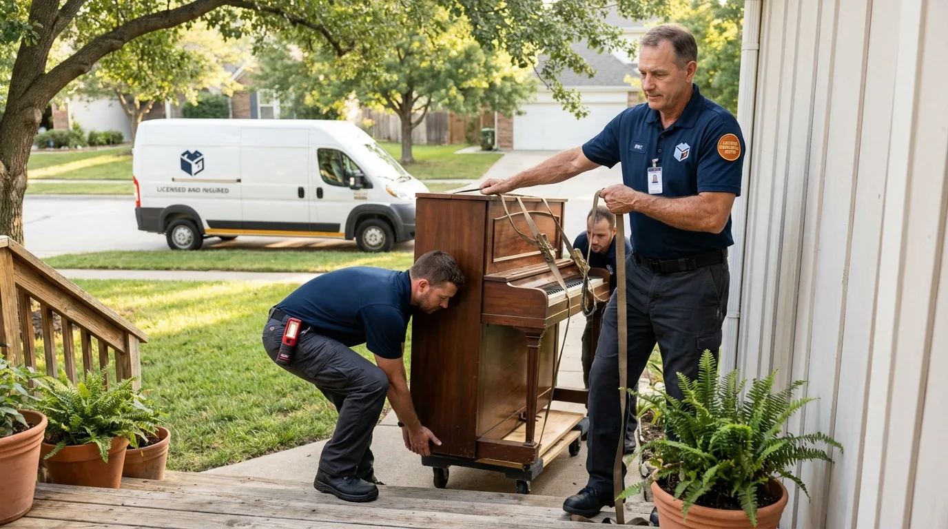 Licensed piano movers securing grand piano in Trumansburg, NY