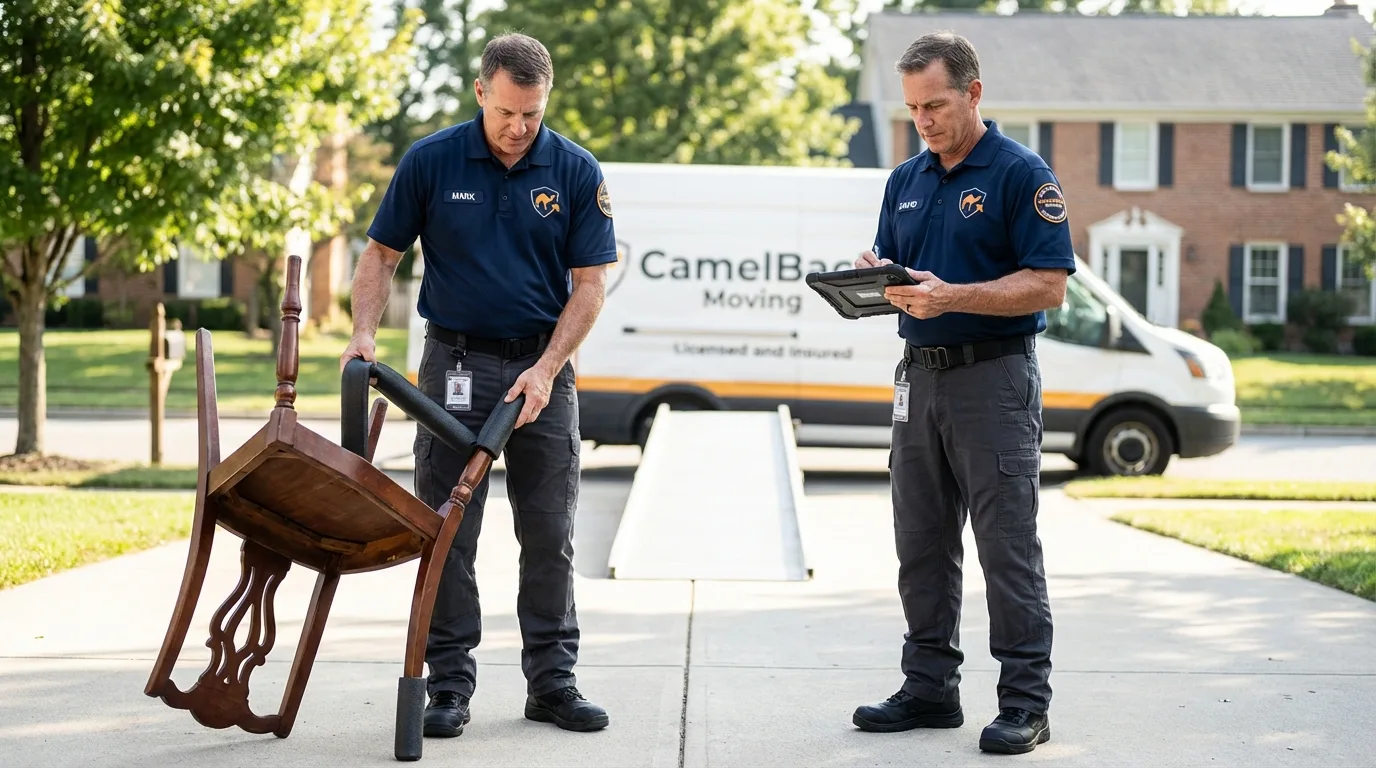 Movers inspecting furniture for damage prevention before loading in Trumansburg, NY