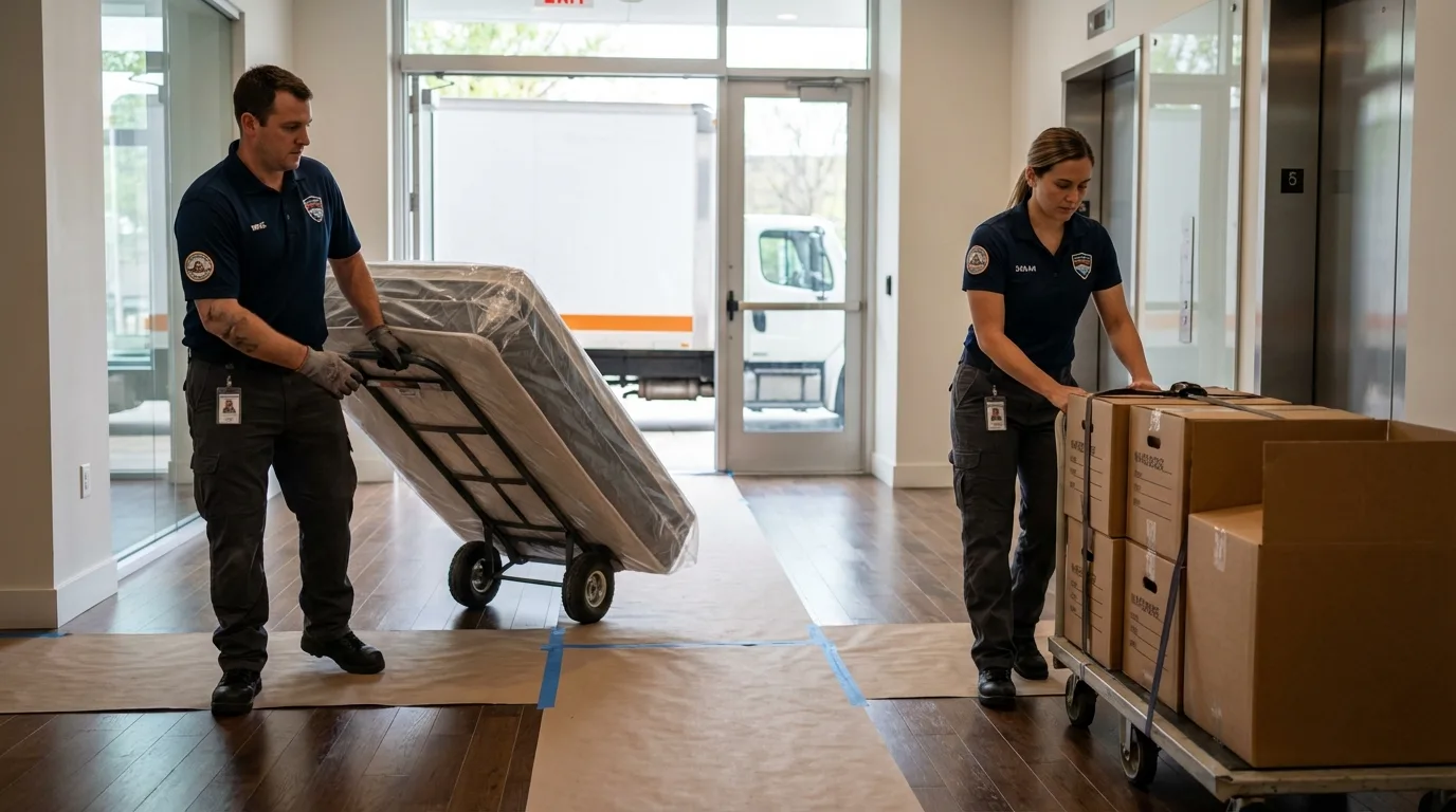 Professional apartment movers loading elevator in Trumansburg, NY