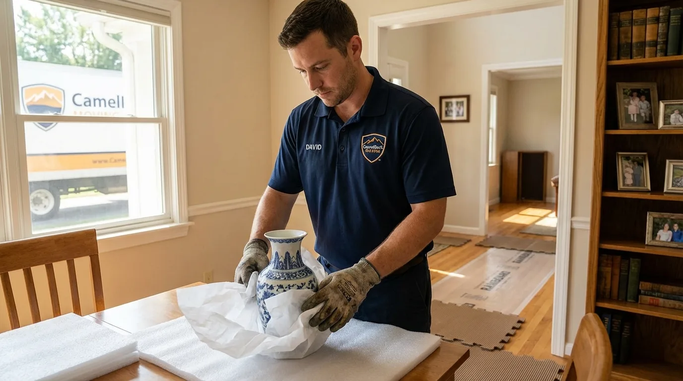 Professional crew carefully wrapping antique vase for senior downsizing move in Trumansburg, NY